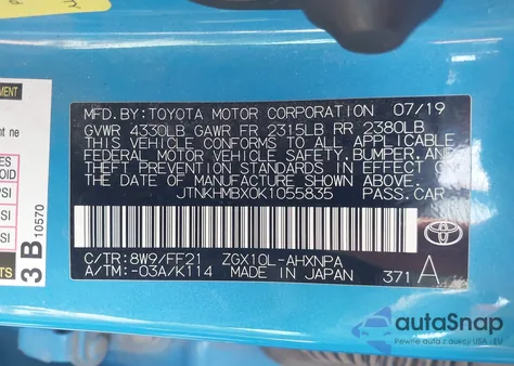 2019 Toyota C-Hr Xle z USA, uszkodzony, nr VIN JTNKHMBX0K1055835